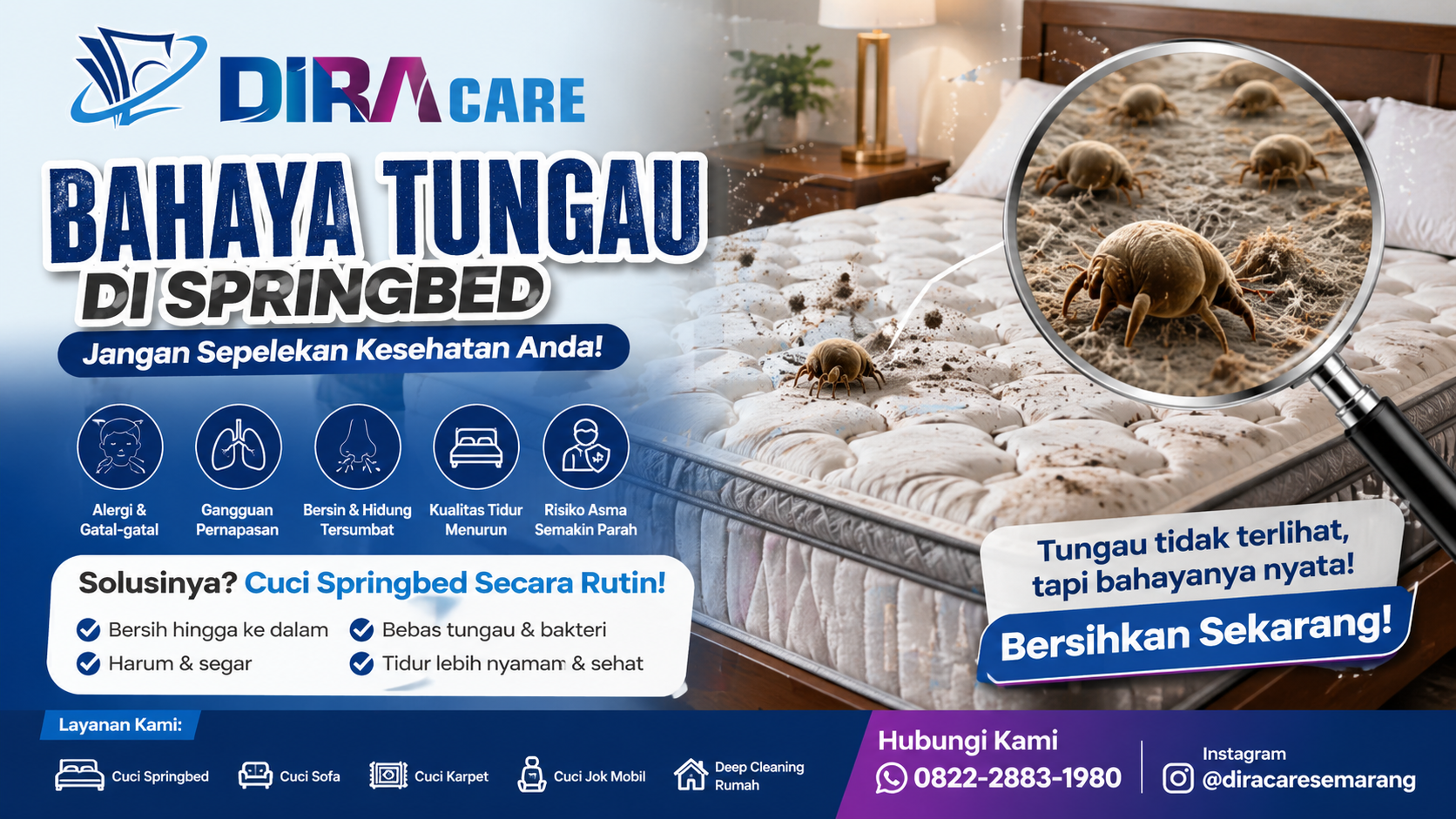 Bahaya tungau di springbed terlihat melalui pembesaran kaca dengan tungau di permukaan springbed serta layanan cuci springbed Diracare Semarang