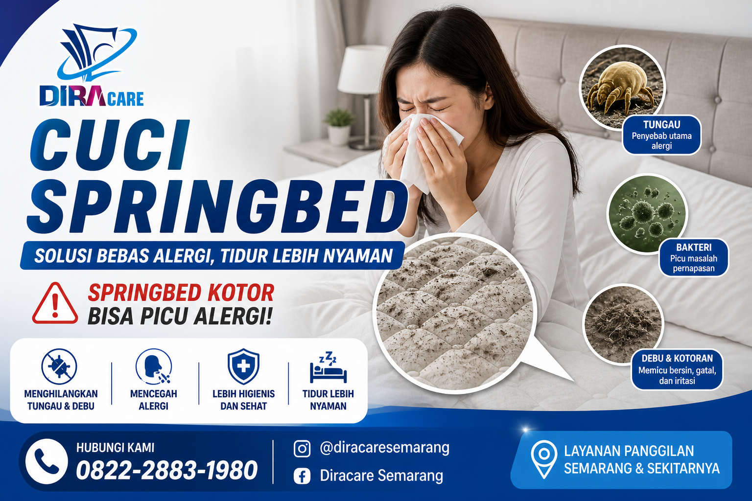 cuci springbed profesional untuk mengatasi alergi akibat tungau debu dan bakteri pada springbed kotor