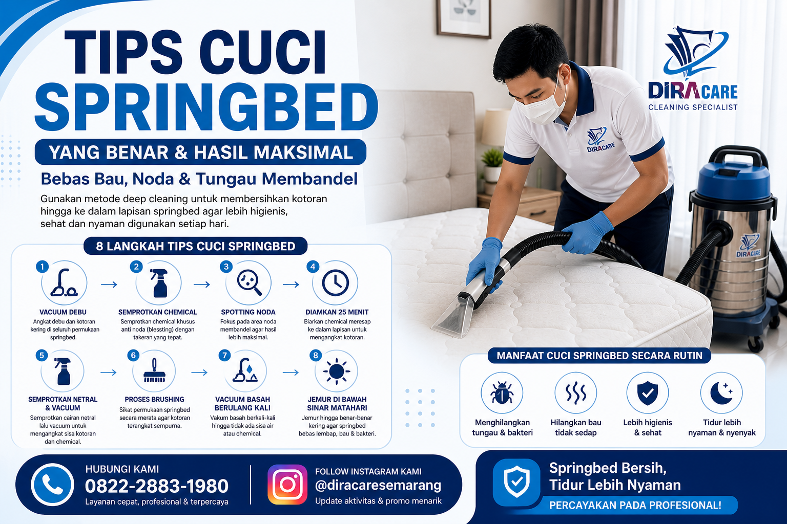 tips cuci springbed yang benar untuk membersihkan kasur dari noda bau dan tungau dengan metode deep cleaning