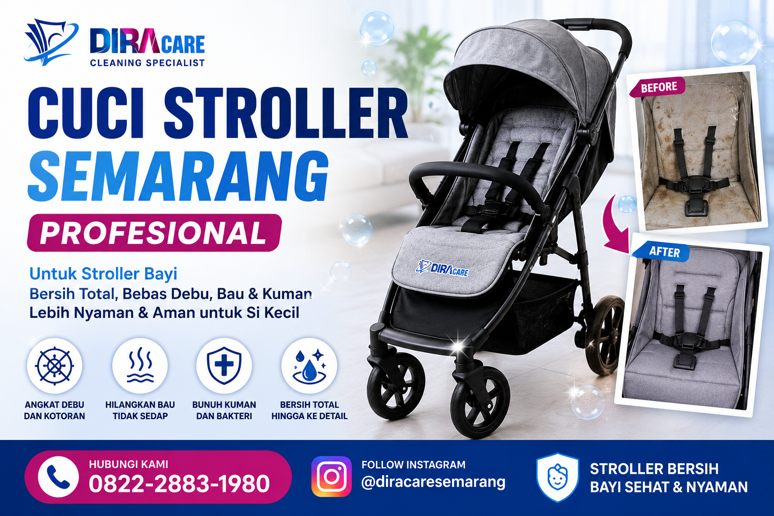 cuci stroller semarang profesional untuk membersihkan stroller bayi dari debu bau kuman dan noda agar lebih higienis dan nyaman digunakan