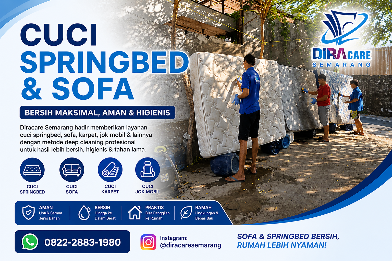 Jasa cuci sofa dan springbed oleh tim Diracare Semarang menggunakan metode deep cleaning untuk hasil bersih maksimal dan higienis
