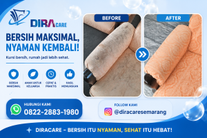 Perbandingan sofa sebelum dan sesudah dibersihkan oleh DIRACARE.