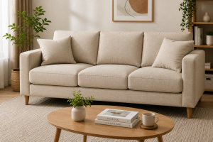 Sofa fabric minimalis warna krem sebagai salah satu macam jenis sofa yang nyaman dan mudah dirawat untuk ruang tamu modern.