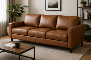Sofa kulit warna cokelat dengan desain modern yang memberikan kesan mewah, elegan, dan nyaman untuk ruang tamu.