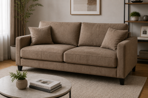 Sofa suede warna cokelat dengan tekstur lembut dan tampilan elegan di ruang tamu modern.