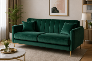 Sofa beludru warna hijau dengan tekstur lembut dan tampilan mewah di ruang tamu modern.