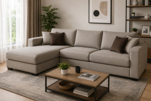Sofa bentuk L warna krem dengan desain modern yang cocok untuk ruang tamu luas dan nyaman.