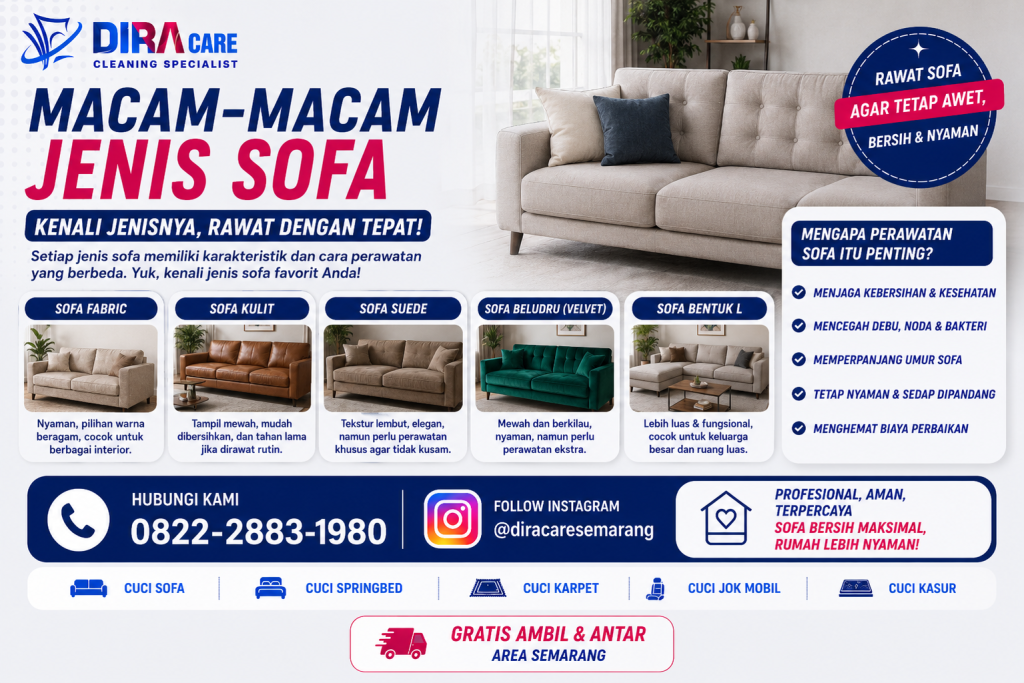 Infografis macam-macam jenis sofa seperti sofa fabric, kulit, suede, beludru, dan sofa bentuk L beserta tips perawatannya.