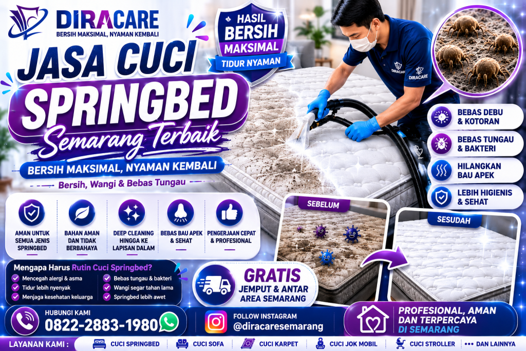 Teknisi DiraCare sedang membersihkan springbed menggunakan mesin ekstraksi dengan tampilan before after, menampilkan hasil kasur yang lebih bersih, higienis, bebas debu, tungau, dan bau apek.