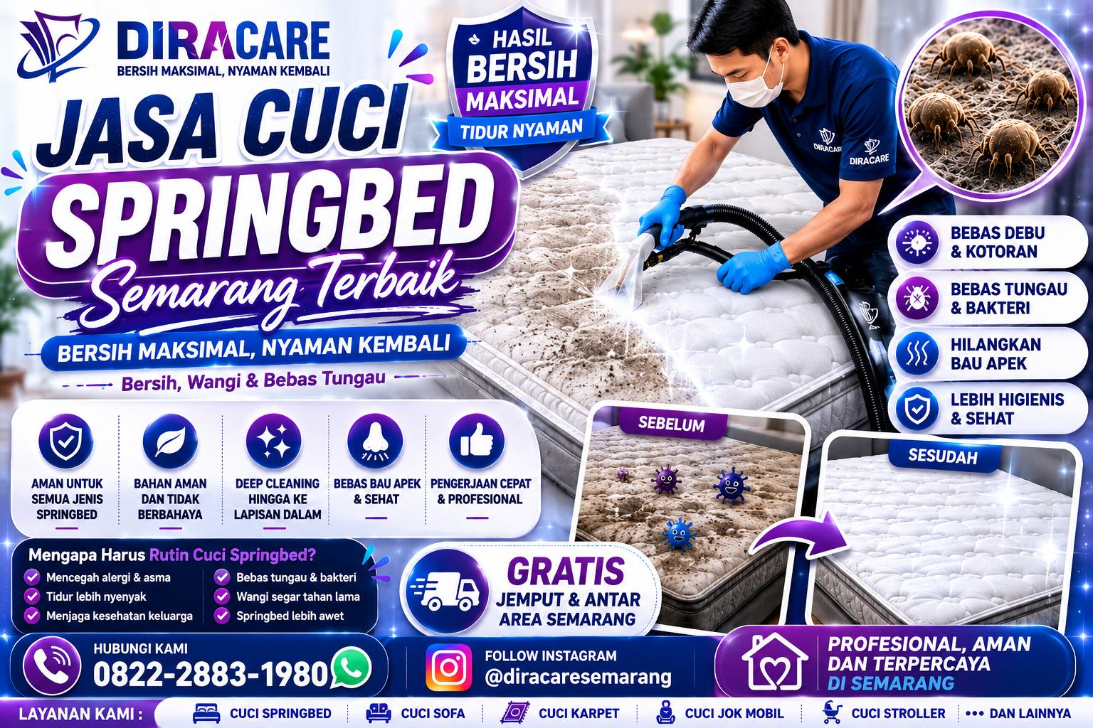Teknisi DiraCare sedang membersihkan springbed menggunakan mesin ekstraksi dengan tampilan before after, menampilkan hasil kasur yang lebih bersih, higienis, bebas debu, tungau, dan bau apek.