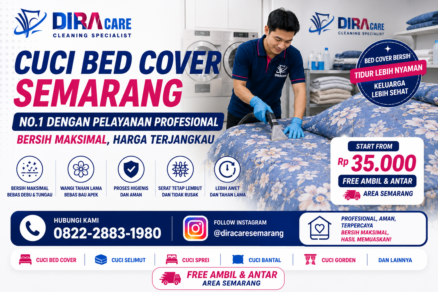 Teknisi Diracare sedang membersihkan bed cover menggunakan alat ekstraksi profesional untuk layanan cuci bed cover Semarang dengan hasil bersih maksimal dan higienis.