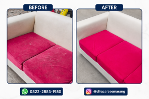 Perbandingan sofa sebelum dan sesudah dibersihkan oleh DIRACARE.