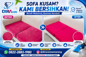 Desain promosi DIRACARE yang menampilkan perbandingan sofa sebelum dan sesudah dibersihkan.