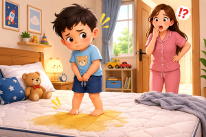 Ilustrasi balita mengompol di atas springbed dengan noda urine yang perlu segera dibersihkan agar tidak menimbulkan bau dan bakteri.