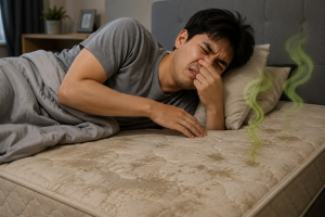 Orang tidur tidak nyaman di atas springbed karena terganggu bau apek dari kasur.