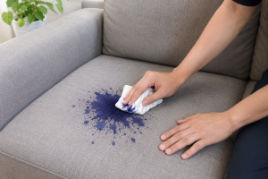 Orang membersihkan noda tinta pada sofa kain menggunakan kain putih.