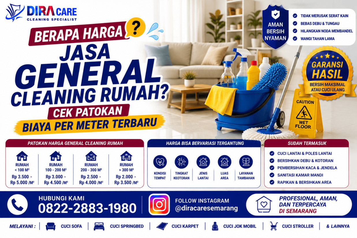 Infografis harga jasa general cleaning rumah per meter dari Diracare Semarang.